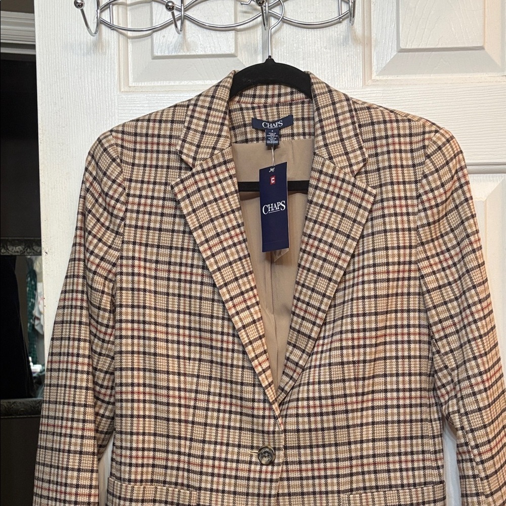 Chaps by Ralph Lauren Women's Beige Plaid Blazer with Brown & Navy Accents